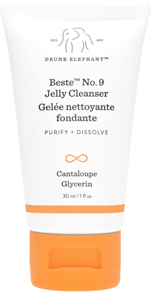 En hvit tube med Drunk Elephant jelly rens, merket 'Beste No. 9 Jelly Cleanser' og ingrediensliste.