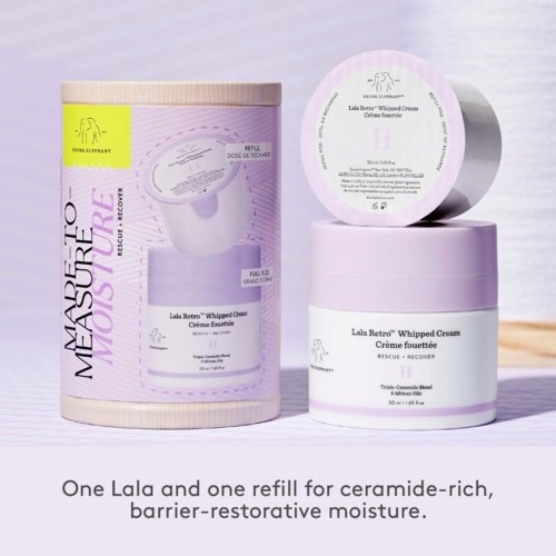Kaksi purkkia ja täyttöastia Lala Retro Whipped Cream -kermasta, ceramidipitoinen, rauhoittava kosteusvoide.