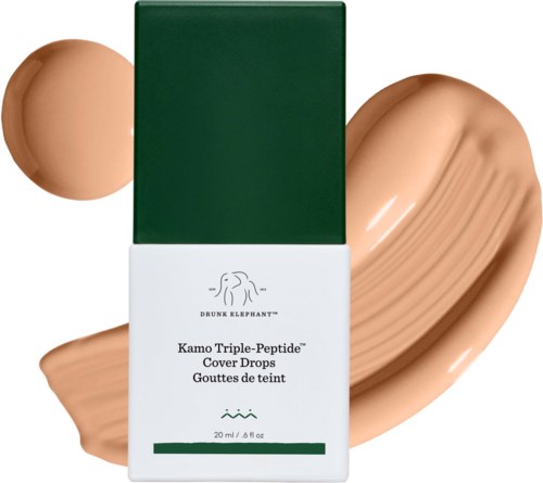 Vihreä ja valkoinen Drunk Elephant Kamo Triple-Peptide Cover Drops -kotelopaketti, beige sävyt ja tipat valkoisella taustalla.