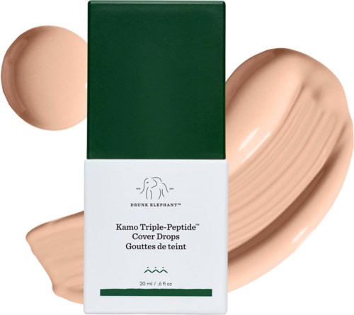 Vihreä ja valkoinen pakkauksen Kamo Triple-Peptide Cover Drops ja beigevärit taustalla.