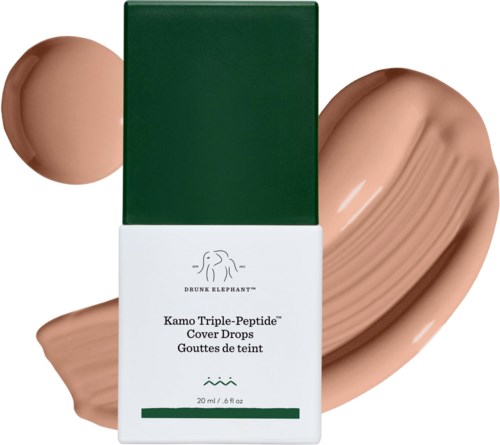 Kamo Triple-Peptide Cover Drops pakkauksessa nesteenäyte vaalean beigesä sävyt. Vihreä ja valkoinen laatikko logolla. Minimalistinen muotoilu.