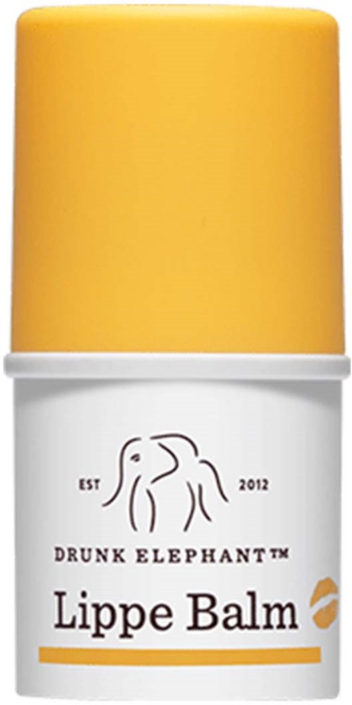 En liten hvit beholder med gul lokk, merket "Drunk Elephant Lippe Balm."