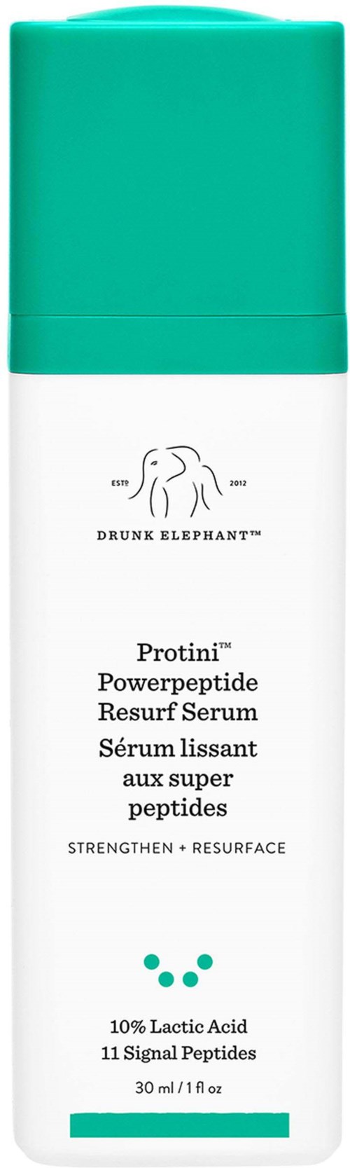 En hvit flaske med turkis lokk merket Drunk Elephant Protini peptidløs serum, med en liten elefantlogo.