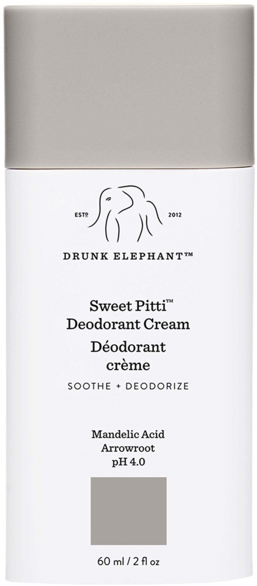 En hvit flaske med grå lokk, merket som Drunk Elephant Sweet Pitti deodoran krem, inneholder 60 ml.