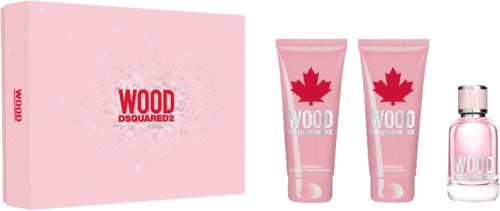 Parfüggeschenkset mit rosa Box, zwei rosa Tuben und eine rosa Parfümflasche, alle mit rotem Ahornblattlogo.