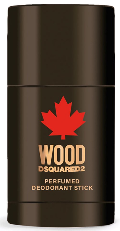 Ein schwarzer Deostick mit rotem Ahornblatt-Logo und den Worten "WOOD DSQUARED2 PERFUMED DEODORANT STICK".