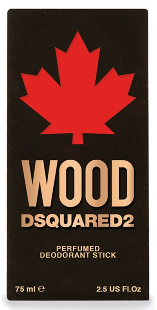 Eine schwarze Box mit rotem Ahornblatt, den Worten 'WOOD DSQUARED2' und Informationen zu einem parfümierter Deostick.