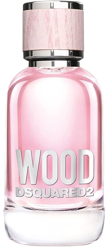 Ein rosa Parfümflasche mit silbernen Akzenten und einem Holzstrukturlock, gekennzeichnet WOOD DSQUARED2.