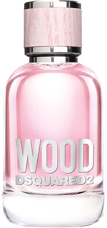 Rote Parfümflasche mit silberner Kappe und großer weißer Schrift "WOOD DSQUARED2".