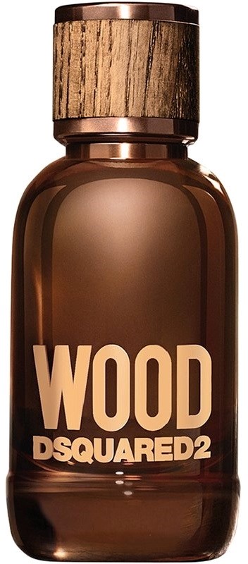 Eine braune Parfümflasche mit Holzverschluss und fettem weißen Text, der 'WOOD DSQUARED2' sagt.
