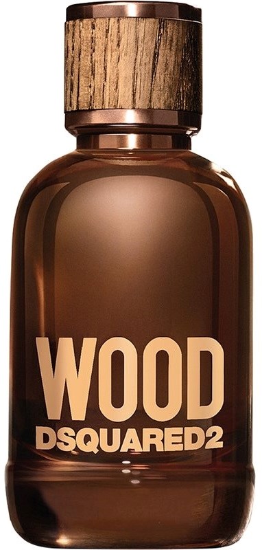 Eine braune Parfüfflasche mit Holzverschluss und den Worten 'WOOD DSQUARED2'.