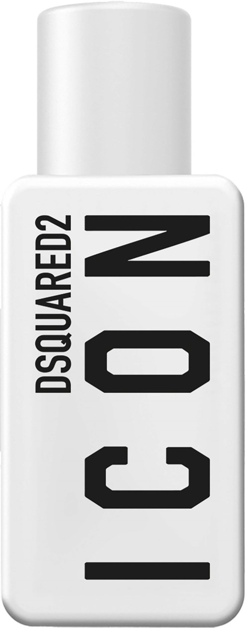 Eine weiße Flasche mit schwarzen Text, der 'DSQUARED2' und 'ICON' zeigt.