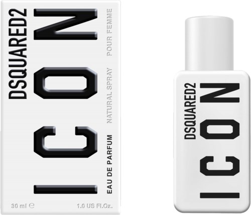 Weiße Parfümverpackung und Flasche mit schwarzem Text 'ICON' und Marke 'DSQUARED2'.