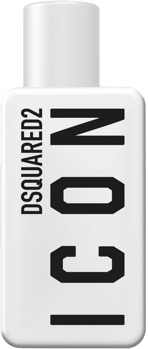 Eine weiße Flasche mit schwarzem Text 'DSQUARED2 ICON' vertikal.