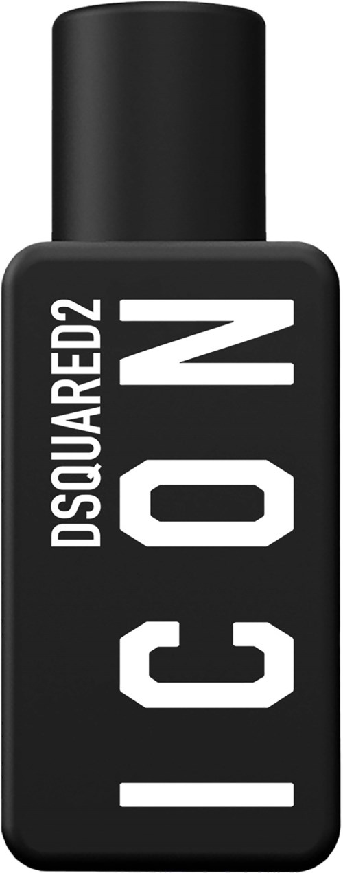Eine schwarze Flasche mit weißem Text, der sagt 'DSQUARED2 NO ICON' auf dem Etikett.