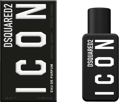 Eine schwarze Parfüffektflasche und Verpackung mit fettem weißen Text, bezeichnet 'DSQUARED2 ICON,' zeigt ein Duftprodukt.