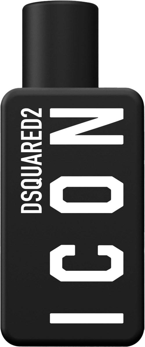 Eine schwarze Flasche mit großen weißen Text, der 'ICON' und 'DSQUARED2' sagt. Es ist eine Parfüm- oder Eau de Toilette-Flasche.