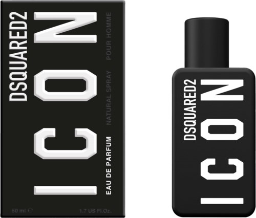 Eine schwarze Parfümverpackung und Flasche mit fetten weißen Buchstaben, die 'ICON' und Markennamen DSQUARED2 anzeigen.