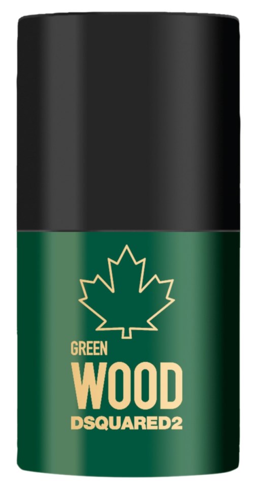 Ein grüner und schwarzer Deo-Stick mit den Worten "Green Wood" und einer Ahornblatt-Logo.