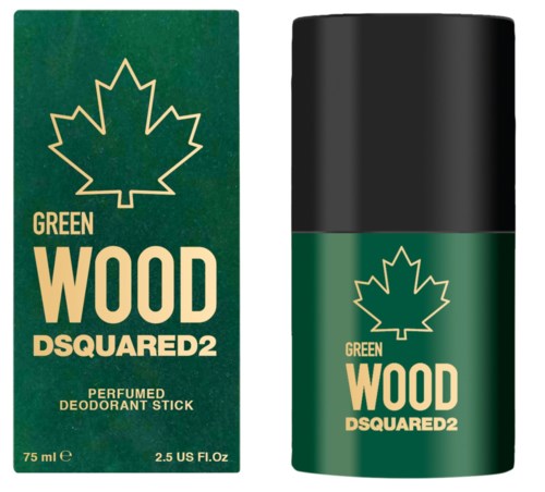 Ein grüner und schwarzer Deostick mit Ahornblatt-Logo, gekennzeichnet "Green Wood" von Dsquared2.