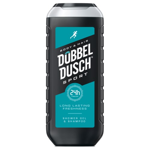 Eine schwarze Flasche mit blauer Etikette, sagt 'DUBBEL DUSCH SPORT' und '24h langanhaltende Frische,' für Duschgel und Shampoo.