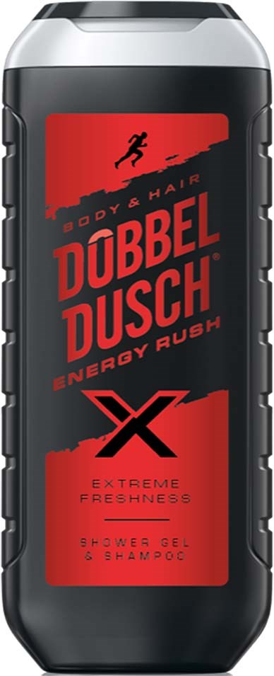 Eine schwarze und graue Flasche mit rotem Etikett, einer laufenden Figur und fettgedrucktem Text über Energie und Frische.