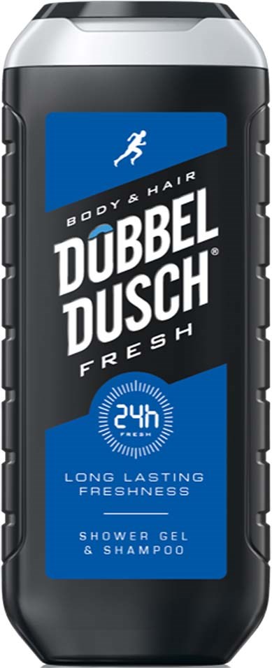 Eine schwarze und graue Flasche mit Duschgel und Shampoo für Körper und Haar, mit der Aufschrift 'DUBBEL DUSCH FRESH' und blauer Gestaltung.