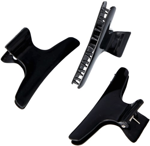 Three black plastic clips with a spring mechanism and a flat base, used for holding or fastening objects.