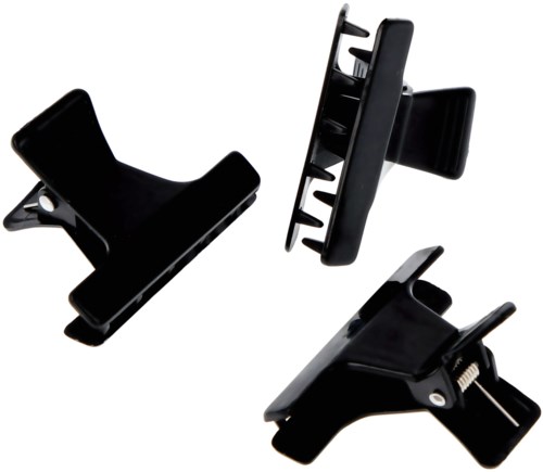 Three black plastic clips with spring mechanisms for holding or attaching objects.