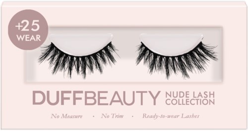 Eyelash set from Dufbeauty with extra 25 wear, no measure, and ready-to-wear style in a pink box.