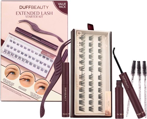 A beauty kit includes false eyelashes, eyelash adhesive, a mini eyelash curler, and mascara.