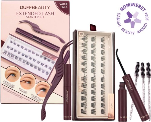 A beauty kit for eyelash extension, includes tweezers, adhesive, and mascara with brushes.