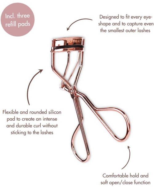 Eyebrow eyelash curler with three refill pads, designed to fit every eye shape and capture small lashes.