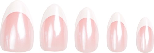 A row of artificial nails painted with a shiny, light pink color.