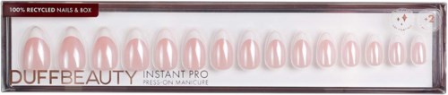 A box with artificial nails in a light pink color, labeled DUFFBEAUTY, for manicure. The box claims nails are recycled.