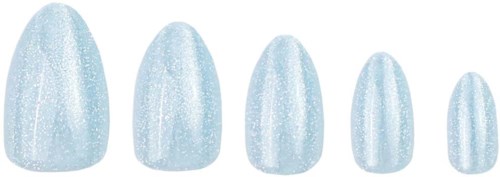 A set of six light blue, shiny fake nails of different sizes.