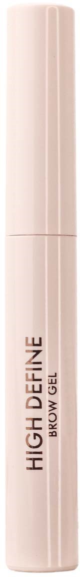 A light pink tube labeled 'High Define Brow Gel' stands upright, likely a cosmetic product for eyebrows.