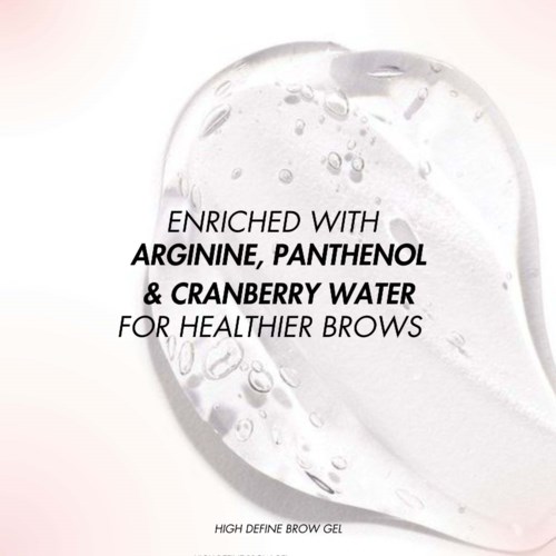 A clear gel in a container with text about ingredients for healthier eyebrows.