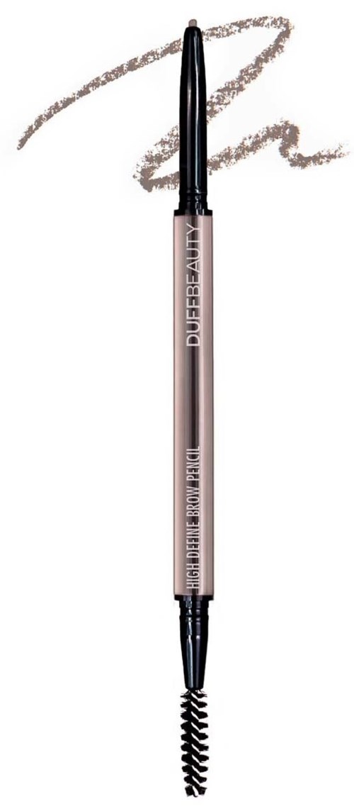 A dual-ended makeup pen with a pencil on one side and a spoolie brush on the other.
