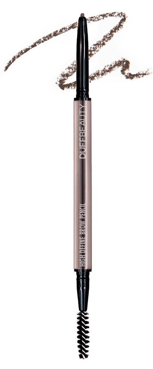 A dual-ended eyebrow pencil with a spoolie on one side, drawing a brown line on white background.