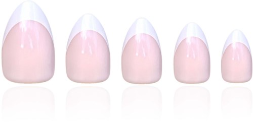 A row of five artificial nails shows different sizes, all with a clear tip and natural pink base.