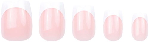 A set of five artificial nails with a light pink color, gradually getting smaller from left to right.