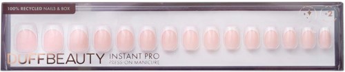 A box of 20 light pink press-on nails, labeled as recycled nails, from DUFFBEAUTY.