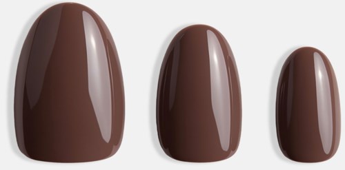 Three brown, glossy, artificial nails of different sizes align on a white background.