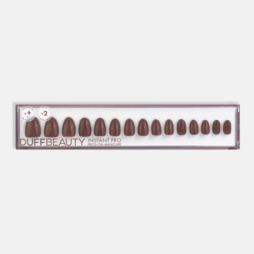 A set of brown press-on nails labeled DUFFBEAUTY, with 14 nails arranged in a row and a few extras in the corner.