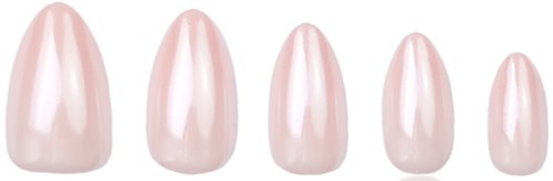 Five artificial nails of varying sizes, all shiny and light pink, arranged from largest to smallest.