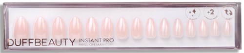 A clear box with pink artificial nails labeled 'DUFFBEAUTY INSTANT PRO' for press-on use.