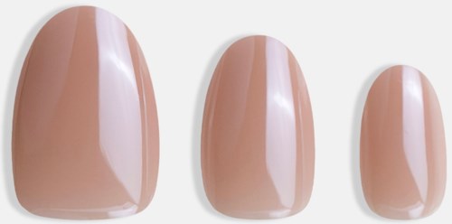 Three artificial nails in different sizes with a shiny, light pink color and smooth surface.