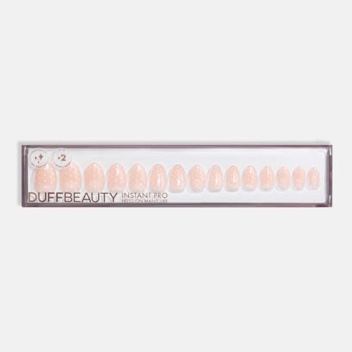 A box of artificial nails in a pinkish shade with varying lengths, labeled DuftBeauty instant press-on.
