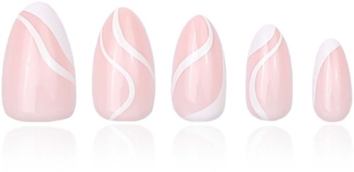 Several pink and white nail tips with curved designs, arranged from largest to smallest. Beautiful and stylish.
